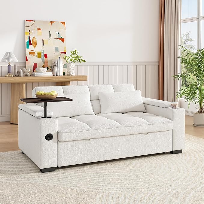 Dreamzie 65'' 3 in 1 Convertible Sleeper Sofa Bed Chenille Pull Out Couch for Living Room with 90° Swivel Side Table Loveseat Sleeper with Charging Port | Side Pocket | Cup Holders Beige