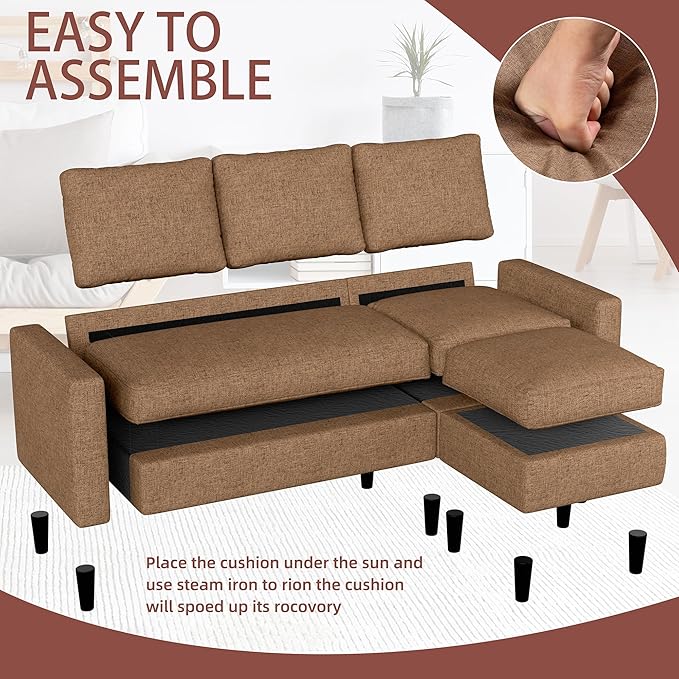 JAMFLY Sectional Sofa Couch Convertible L Shaped Sofas with Ottoman Small Sectional Couches for Living Room 3 Seater Couch for Small Spaces Brown