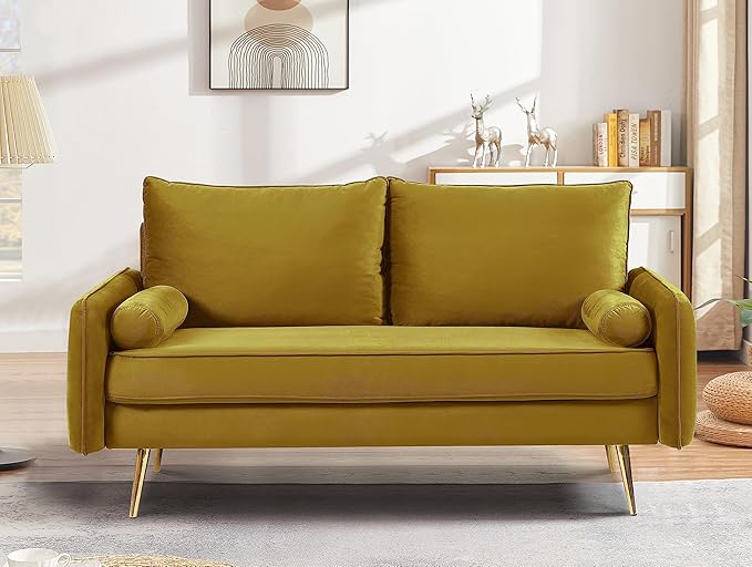 Kent Modern Loveseat European Style Velvet Living Room Furniture with Tapered Legs Vintage Flair and Sleek Design Greenish Yellow
