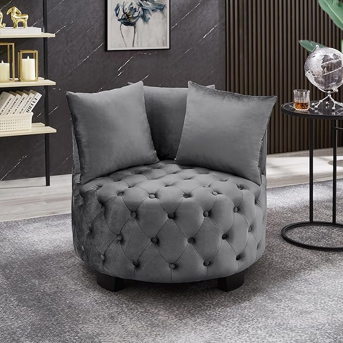 Velvet Accent Lounge Chair - 31.25''W Upholstered Button Tufted Velvet Barrel Chair with 3 Pillows with Button Tufted Modern Round Club Chair Reading Sofa Chair (Grey)