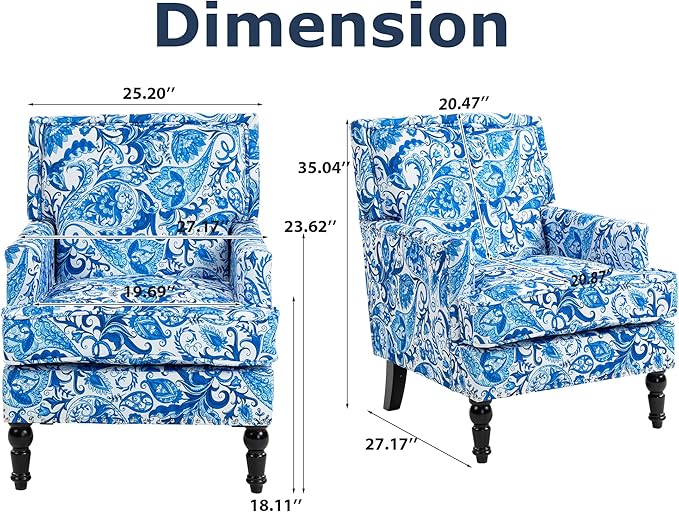 Accent Chair Modern Comfy Mid-Century Anthropologie Accent Chairs Linen Upholstered Wingback Lounge Arm Chair with Solid WoodSingle Floral Pattern Chair for Living Room/Balcony/Bedroom