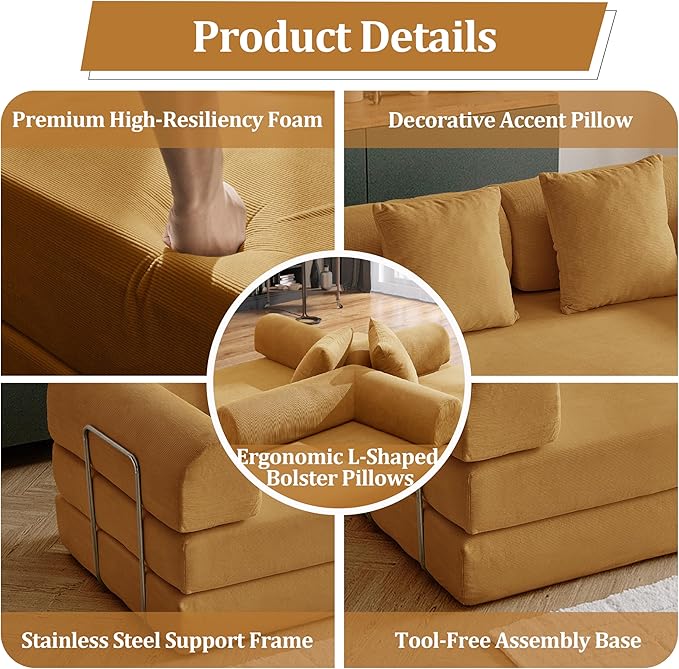 87'' Convertible Compressed Corduroy Folding Cloud Sofa Bed Modern Modular Boneless Pull Out 3 Seater Sleeper in a Box 5 in 1 Foldable Floor Mattress Couch No Assembly Need Yellow Pillows King