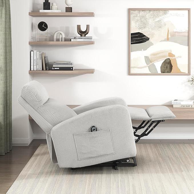Lexicon Power Lift Recliner Chair for Elderly with Remote Control Gentle Lift Motion Side Pocket Armrest Corduroy Upholstered Electric Recliner for Living Room/Bedroom Easy Assembly Light Gray