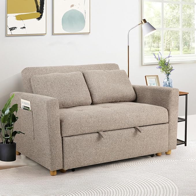 SEJOV 3-in-1 Convertible Sofa Bed Linen Fabric Sleeper Couch Pull Out Bed 49 2-Seater Loveseat Futon Sofa with Spring Support Adjustable Backrest and Pillows for Small Spaces Living Room