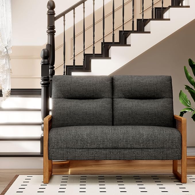 Alunaune Modern Loveseat Bench Couch with Natural Rattan Arm Upholstered Linen Small Love Seat Sofa 2-Seats Living Room Couch Settee Comfy Lounge Recliner Chair-Grey