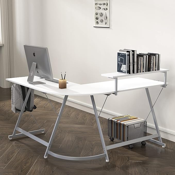 SHW 51 x 51 Inches Vista L-Shaped Desk with Monitor Stand and Drawer White