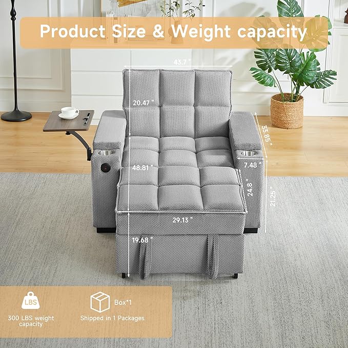 Large Size Convertible Sleeper Chair Futon Sofa Bed Comfortable thick cushion Single Sleeper Sofa Handheld storage and Adjustable Backrest | Reading Chair with Rotating small table (light gray)