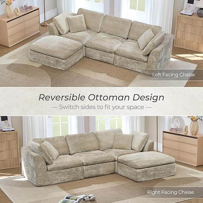 CHITA 108 Cloud Sectional Couches for Living Room Boneless L-Shape Sofa with Ottoman 3 Seater Modular Sectional Sofa Brownish Gray