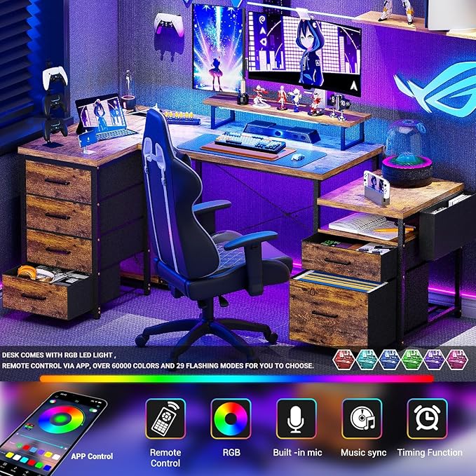 Unikito Reversible L Shaped Computer Desk with Fabric File Drawers 70.8 Large Office Desk with RGB LED Light &amp Power Outlets &amp Monitor Stand &amp CPU Stand Sturdy Corner Gaming Desk Rusti