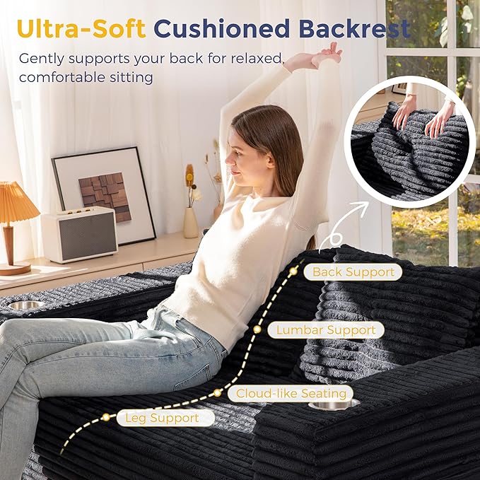 MAXYOYO 63 Boneless Loveseat Sofa Couch 2-Seater Floor Loveseat for Small Space with Cup Holders Corded Couch with Pillows Floor Sofa for Apartment &amp Lounge No Assembly Required Black