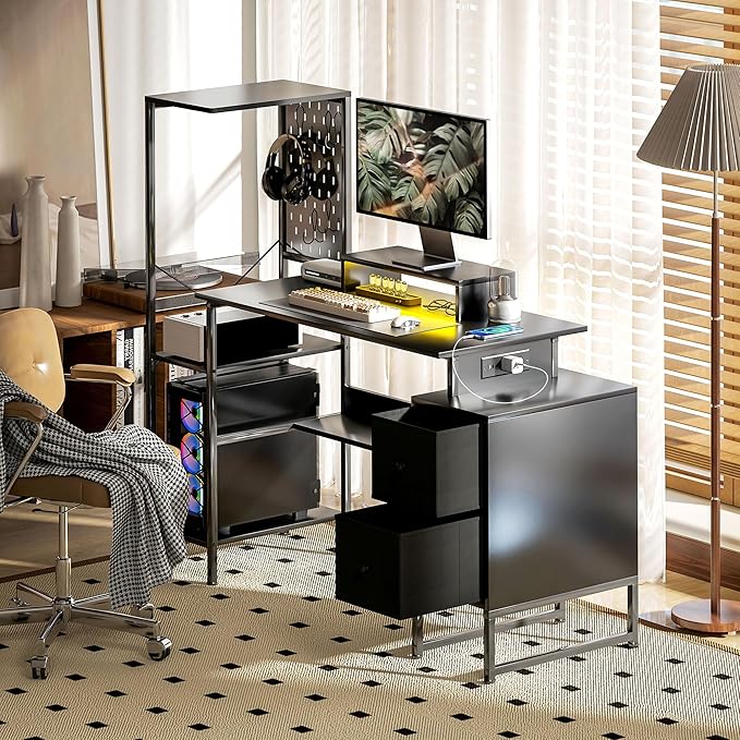 HOMCOM 56 Gaming Desk with Monitor Stand Power Outlets and LED Lights Computer Desk with Storage Shelves Fabric Drawers 2 CPU Stands Pegboard for Home Office Black