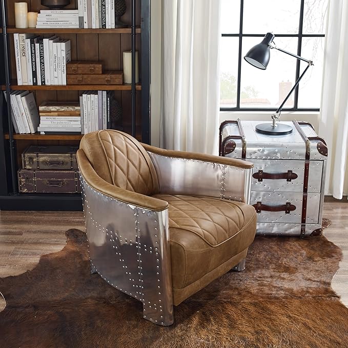 Zouron Genuine Leather Living Room Chair Mid Century Modern Single Sofa Chair in Aluminum Vintage Barrel Accent Chair for Living Room Bedroom Home Office Light Brown