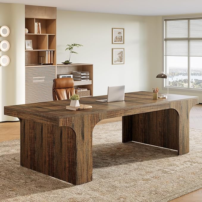 Tribesigns 70.87 Executive Office Desk Large Workspace Computer Desk Rustic Wooden Writing Table Simple Business Furniture with Arched Design for Home Office Rustic Brown