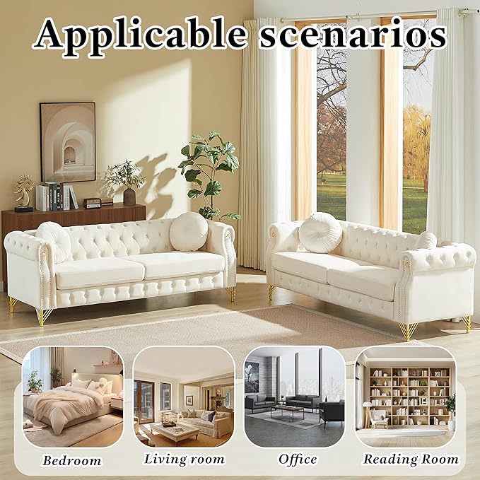 2 Pieces Beige Velvet Chesterfield 82 3-Seater Sofa Sets with Two Pillows Featuring Copper Stud Detailing (Beige 2 Pieces 82 3-Seater Sofa Sets)