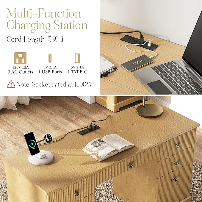 59 Modern Executive Desk with Drawers Wood Home Office Computer Desk with Charging Station 5 Drawers &amp 1 Cabinet File Drawer Fluted Computer Writing Desk for Study Living Room Bedroom Oak