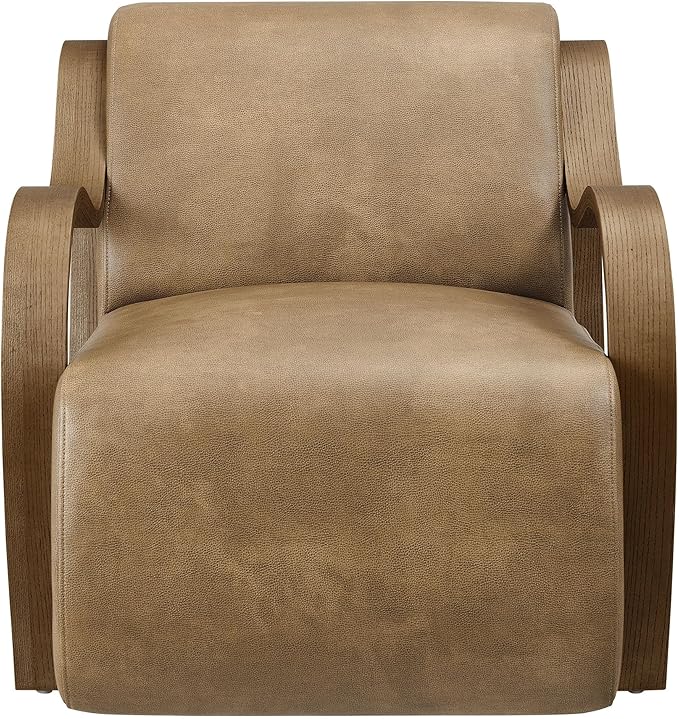 Modway Atrium Vegan Leather Upholstered Lounge Chair in Toast with Sculptural Bentwood Arms – Mid-Century Modern Accent Armchair for Living Room or Bedroom