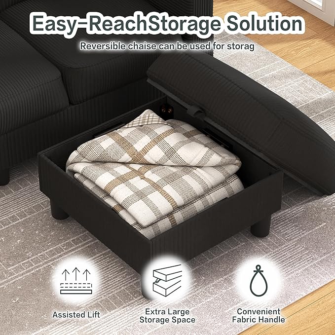 JY QAQA Convertible Sectional Sofa Couch with 3-Seat Sofa L-Shaped Ottoman Couch with Modern Linen Fabric for Small Living Room Apartment and Small Space(Black)