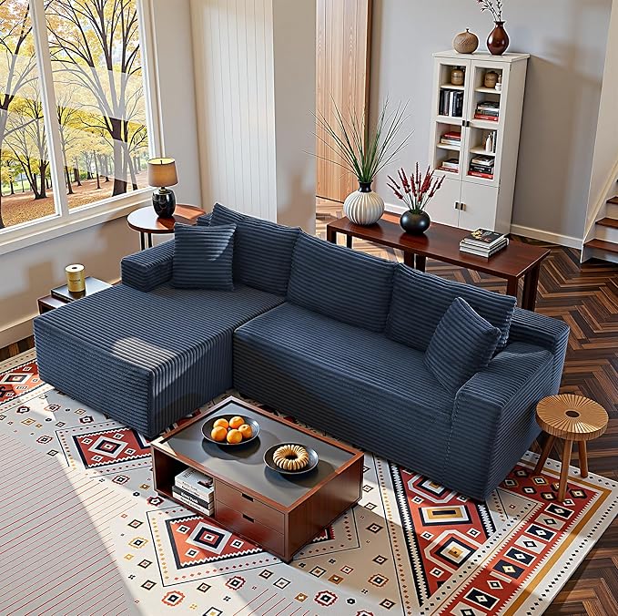 Sectional Couch with L-Shape Chaise 103 Modular Sectional Sofa with Deep Seat Modern Corduroy Couch Lazy Compression Sofa for Living Room No Assembly Required Left Facing Chaise Blue