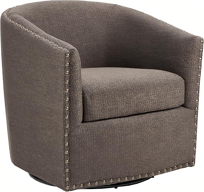 Madison Park Swivel Barrel Accent Chair Upholstered Curved Back with 7-Inch Thick Woven Cushion 360° Swivel Nailhead Trim Comfy Chair for Living Room Bedroom Office 28 Wide Chocolate Tyler