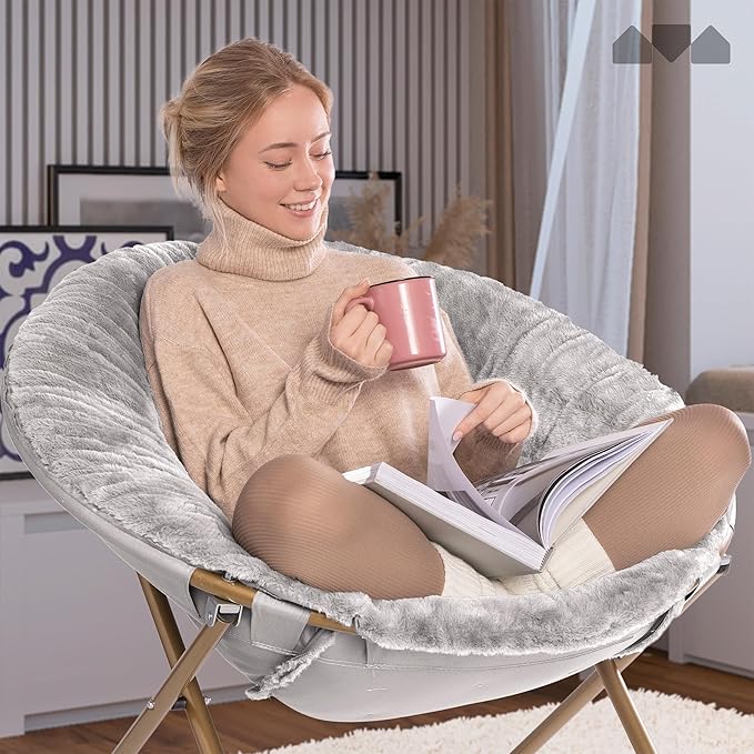 Milliard Saucer Chair for Adults Teens &amp Kids Light Grey Faux Fur XL Circle Chair for Bedroom Dorm &amp Gaming Foldable Comfy Accent Seat for Small Spaces Folding Moon/Mushroom/Round Style