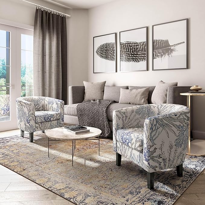 BELLEZE Living Room Chair Linen Round Accent Barrel Chair Club Tub Sofa Chair for Bedroom Corner Chair with Flared Legs and Cozy Soft Padding - Highland (Blue Coral)