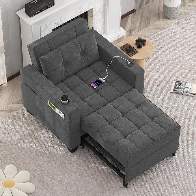 DURASPACE Pull Out Sofa Bed 3-in-1 Convertible Sofa Sleeper Chair Bed with USB Cup Holder Adjustable Armchair Beds for Small Spaces Apartment Living Room Office (Dark Gray Linen)