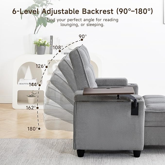 41.7 Chaise Lounge Chair Indoor Oversized Boucle Upholstered Sofa Bed Adjustable Backrest Deep Seat Reading Chair Sofas Couches for Living Room with Storage Cup Holders &amp 360° Swivel Side Tab