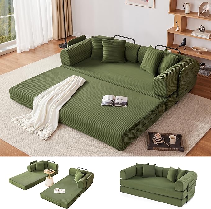 79 Oversized Boneless Couch with 4 Pillows5 in 1 Convertible Sleeper Futon Sofa Bed with Deep SeatCorduroy Foldable Modular Floor Pull Out Couch for Living RoomNo AssemblyGreen