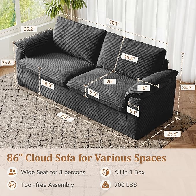 WEUP 86 Loveseat Sofa Grey Corduroy Couches for Living RoomMid Century Modern Love SeatSuper Comfy Cloud SofasDeep SeatWide ArmrestSturdy Frame for Bedroom Apartment Office