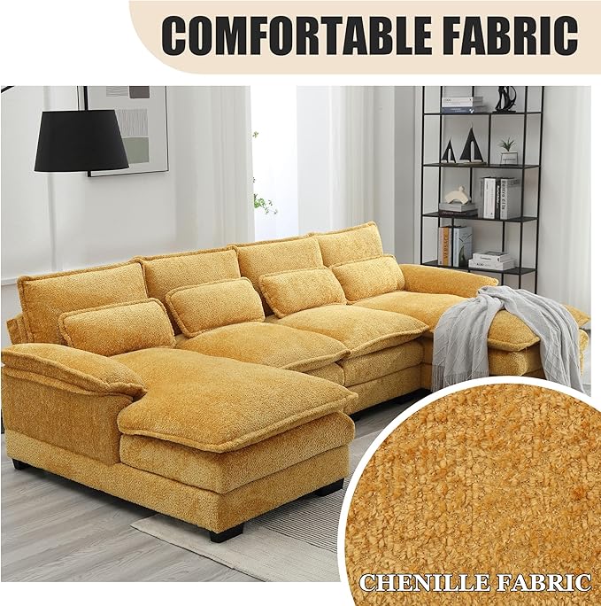 110'' U-Shaped Sectional Couch Modern Chenille Extra Large Modular Sofa with 4 Cushions Memory Foam Funiture Set with Double Lounger for Living Room Office Reception Room Yellow