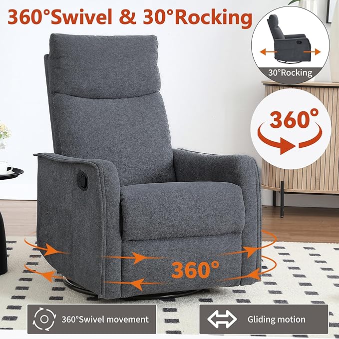 Massage Chair Recliner with Heat Swivel Rocking Chair Recliner with High Back Manual Lazy Boy Recliners for AdultsSmall Recliner Chair for Small Spaces Living Room Bedroom Fabric (Grey)