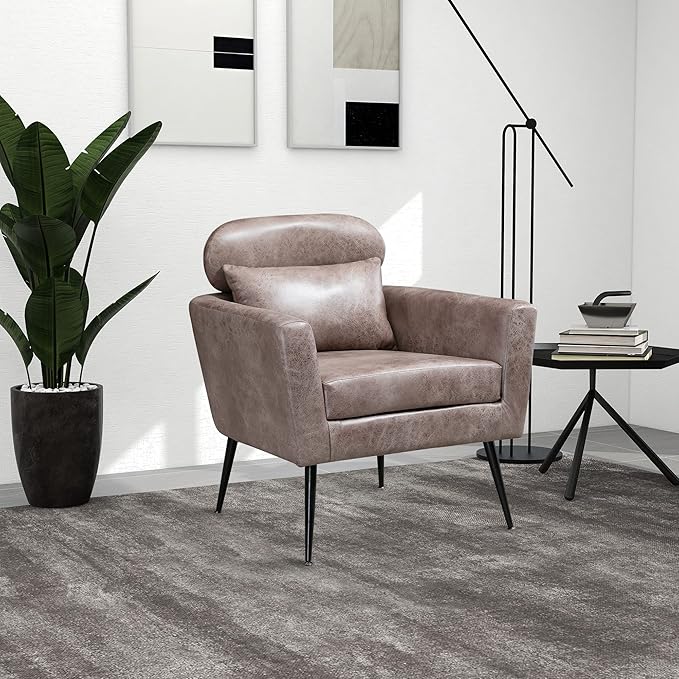 29.5 W Classical Accent Chair Armchair Upholstered Reading Chair Single Sofa Leisure Club Chair with Black Metal Leg and Throw Pillow for Living Room Bedroom Dorm Room Office Taupe Bronzing Suede