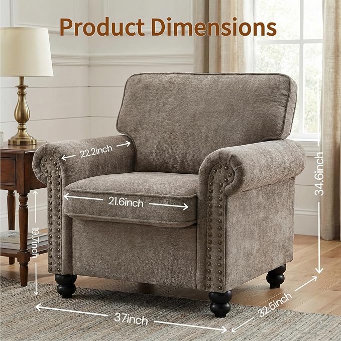 Nailhead Armchair Rolled Arms Accent Chair for Living Room Single Sofa Chair with Springs Seat Cushion &amp Wooden Legs Mid-Century Armchair for Apartment Office Farmhouse Light Brown