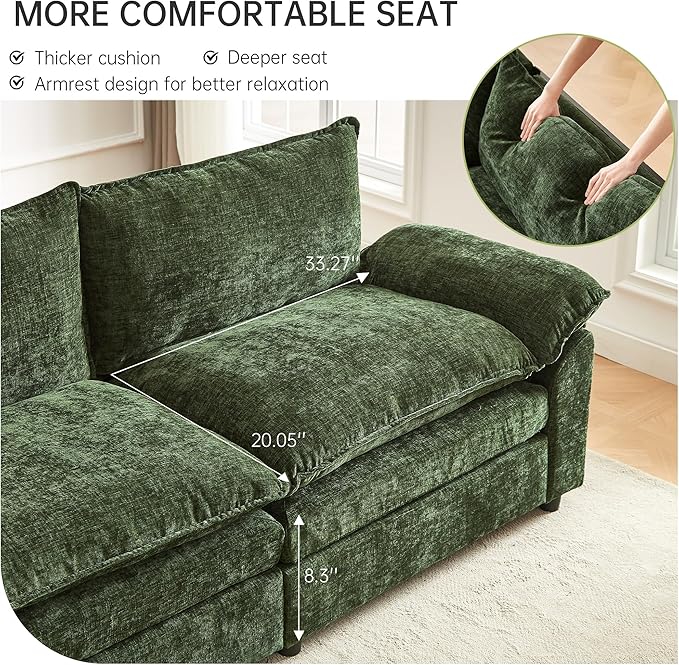 Modular Sectional Sofa 146.8 Inch U Shaped Couch Set with Armrests 4-Seater Comfy Cloud Boneless Couches with 2 Movable Ottomans for Living Room Apartment Dark Green