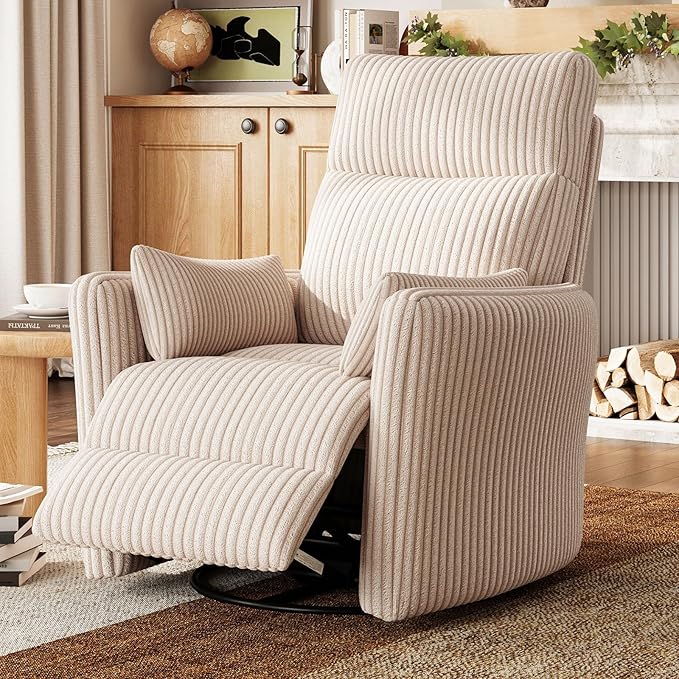 LINSY 360 Swivel Recliner Chair Nursery Glider Rocking Chair with 2 Pillows Corduroy Nursing Chair Comfy High Back Adult Rocker Recliner for Small Spaces Nursery Bedroom Living Room (Beige)
