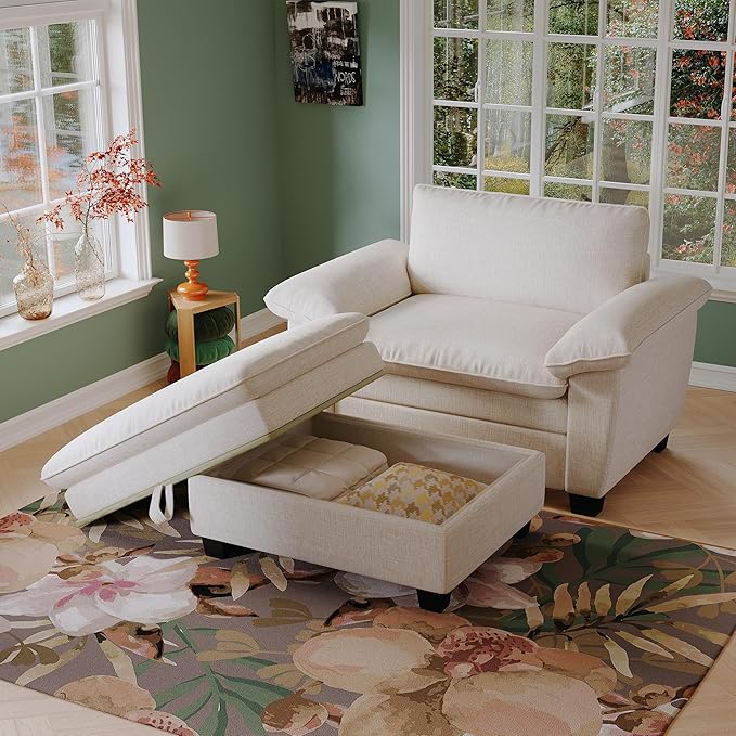 51-Inch Wide Oversized Chenille Recliner Sofa Ottoman with Storage - Upholstered Lounge Chair (Beige)