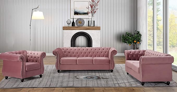 Feinstein Modern Velvet Chesterfield Couches for Living Room with Nailheads Diamond Tufting &amp Durable Metal Frame Chair Rose