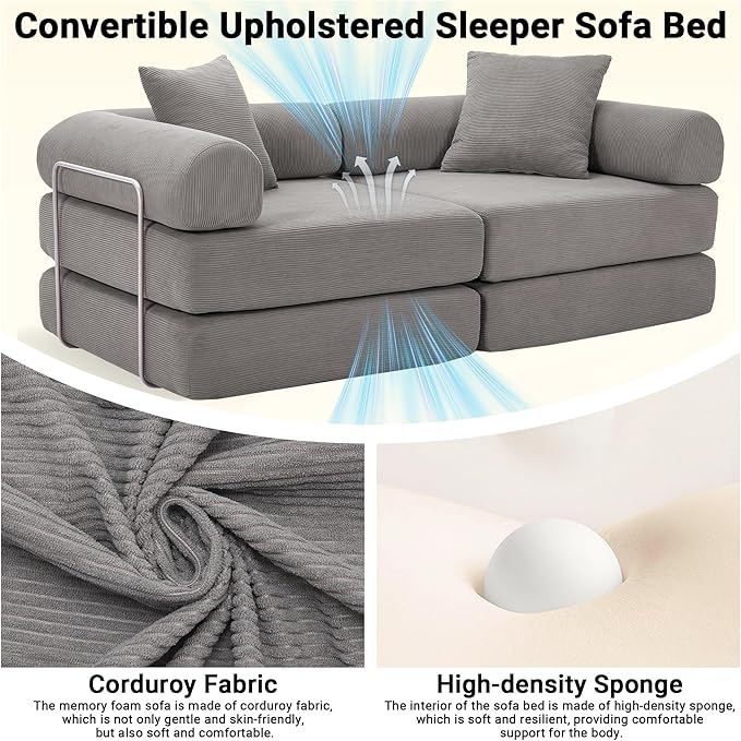 73 Convertible Sleeper Sofa Bed Corduroy Boneless Couch in a Box 4-in-1 Folding Mattress Loveseat Couch Comfy Modular Foldable Floor Sleeper Sofa with 2 Pillows and Fixed-Shape Frame (Gray 73)