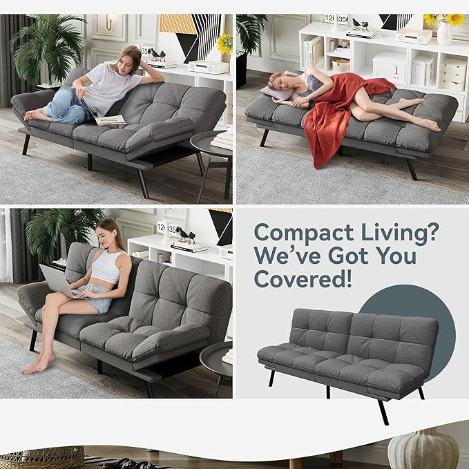 Futon Sofa Bed Convertible Couch Grey Linen Sofa Bed with Memory Foam Adjustable Backrest &amp Armrests Multifunctional Small Loveseat Sleeper Sofa for Living Room Apartment Office