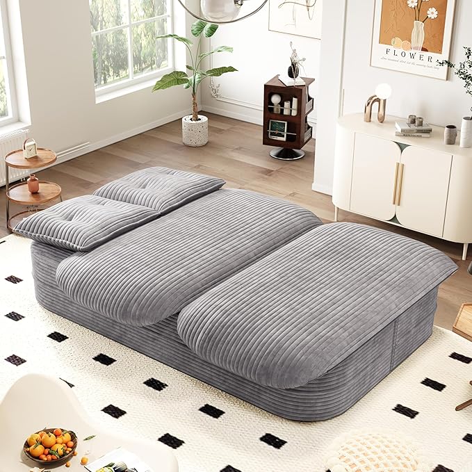 78.7 Folding Futon Corduroy Sleeper Sofa Bed Convertible Floor Boneless Sofa Full Size Compression Loveseat with 2 Pillows No Assembly 2-in-1 Foldable Couch for Living Room (Light Gray)