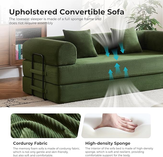 79'' Convertible Sofa Bed 5-in-1 Folding Corduroy Sleeper Couch with Pull Out Bed Oversized Modular Floor Sofa No Assembly Space-Saving Guest Bed for Apartment Living Room Bedroom (Dark Green) | C