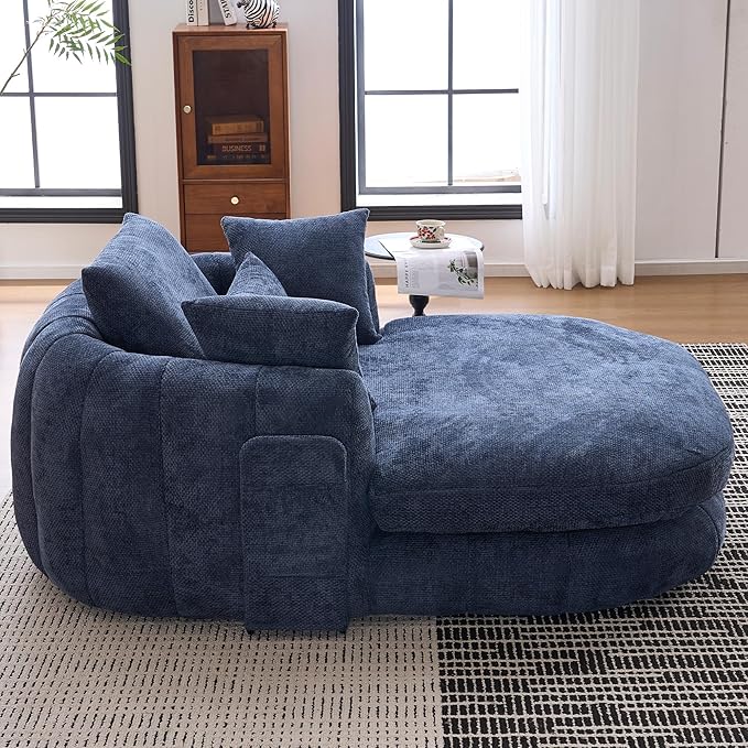 Oversized Chaise Lounge Indoor Deep Seat Boneless Sofa Bed with Throw Pillows Plush Chenille Fabric No Assembly Required Comfy Sleeper Sofa for Living Room Bedroom (Blue with Pocket)