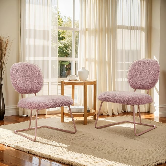 Art Leon Accent Chairs Set of 2- Fabric Upholstered Armless Slipper Chairs Living Room Side Chairs with Metal Legs for Lounge Bedroom Office Pink