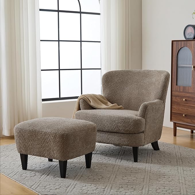 Christopher Knight Home Winnie Accent Chair and Ottoman Set Living Room/Bedroom Wooden Comfy Reading Chair with Footrest Stool Boucle Upholstered Wingback Single Sofa Brown
