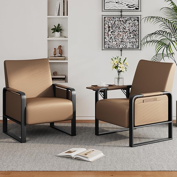 Andeworld Modern Accent Chair Mid Century Living Room Armchair Upholstered Faux Leather Sofa Side Chair with Side Table for ReadingWorkingOfficeApartmentDark Brown