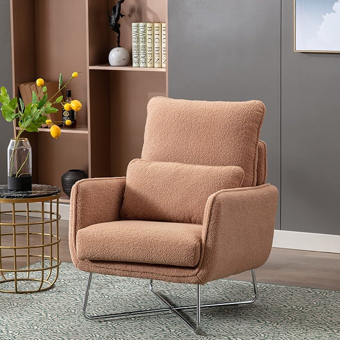 Modern Comfy Leisure Accent Chair Teddy Short Plush Particle Velvet Armchair with Lumbar Pillow for Living Room