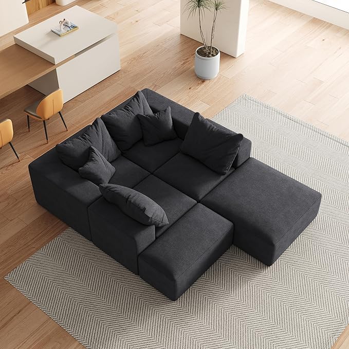 KEIKI 132 Boneless Sofa with Ottoman L Shaped Corner Couch Upholstered Corduroy Free Combination Sectional Couch for Living Room Bedroom Black