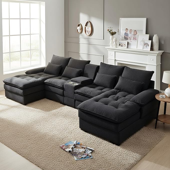 130 U-Shaped Modular Sectional Sofa Oversized Cloud Couches with Storage Console &amp Cup Holders Linen Sofa with Chaise/Pillows 6-Seater Deep Seat Couches for Living Room (Black) | Breathable ma