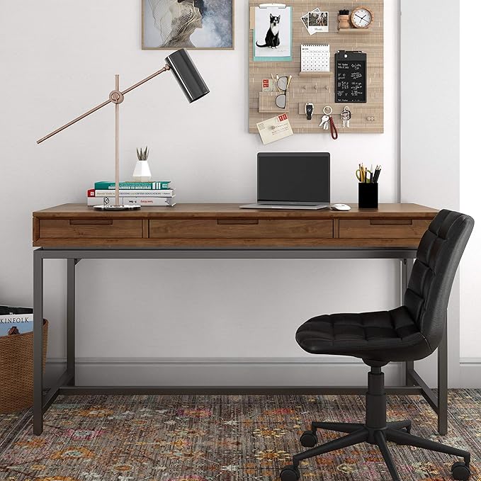 SIMPLIHOME Banting Desk - 60 Inch Wide Solid Wood and Metal Writing Desk in Medium Saddle Brown Modern Industrial Home Office Computer Table for Study with 2 Drawers and Flip-Down Keyboard Tray