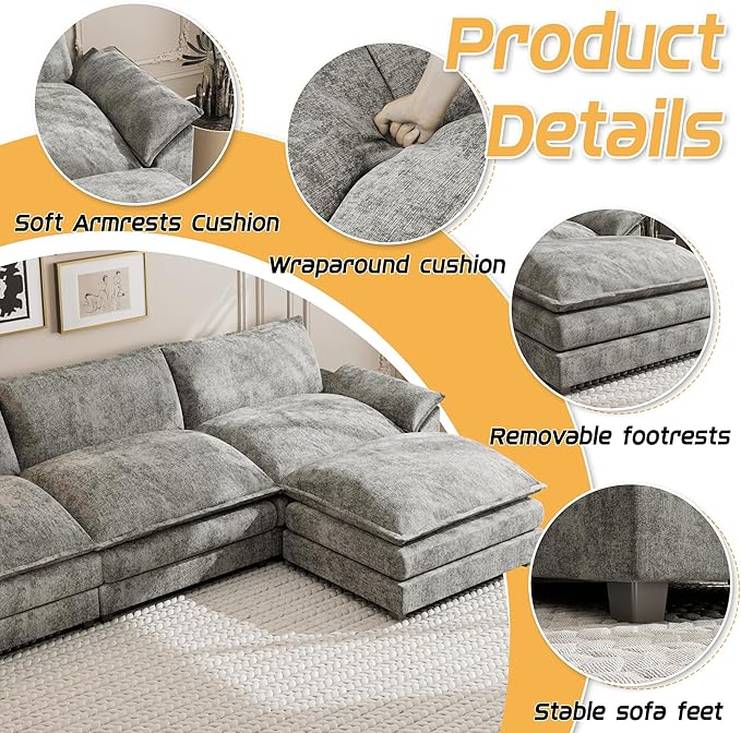 Shahoo Sectional Modular Sofa L Shaped Chenille Fabric Couch with High Supportive &amp Soft Sponges and Removable Ottoman Sleeper Comfy Upholstered Furniture for Living Room Grey
